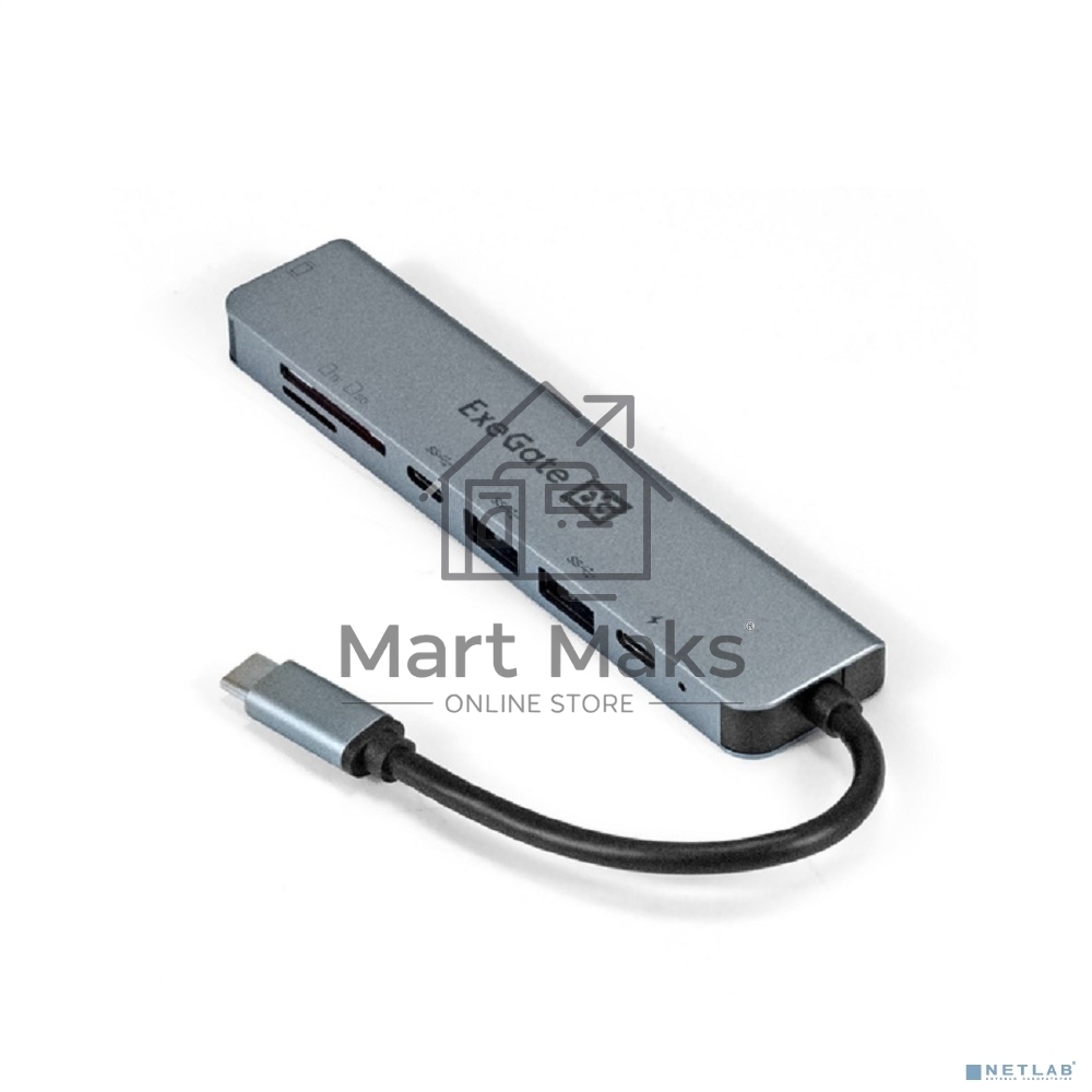 Док-станция ExeGate EX293983RUS DUB-21C/PD/CR/H (кабель-адаптер USB Type-C --> 2xUSB3.0 + Card Reader + PD 100W + HDMI 4K@60Hz, Plug&Play, серый)