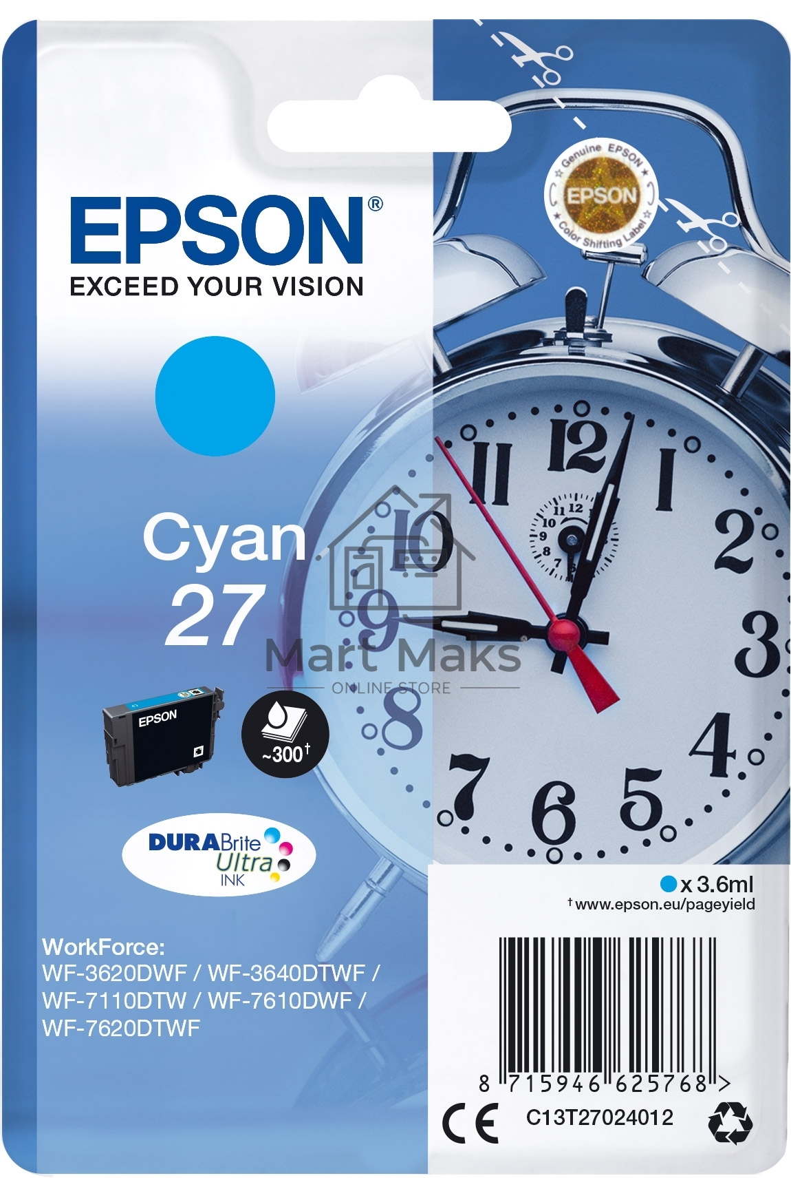 Картридж струйный Epson T2702 (C13T27024022/C13T27024020) голубой, 300 стр., для WF7110/7610/7620