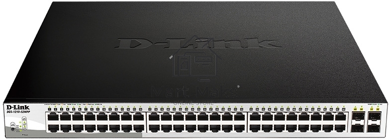 Настраиваемый коммутатор D-Link DGS-1210-52MPP/E2A PROJ WebSmart с 48 портами 10/100/1000Base-T и 4 портами 1000Base-X SFP (порты 1-48 с поддержкой PoE 802.3af/802.3at (30 Вт), PoE-бюджет 740 Вт)