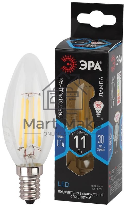 Лампа светодиодная ЭРА F-LED B35-11w-840-E14 (филамент, свеча, 11Вт, нейтр, E14)
