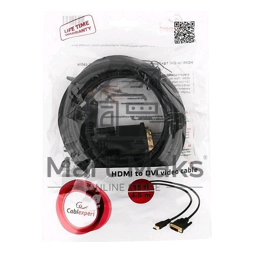 Кабель HDMI-DVI Cablexpert CC-HDMI-DVI-15, 19M/19M, single link, медь, позол.разъемы, экран, 4.5м, черный, пакет