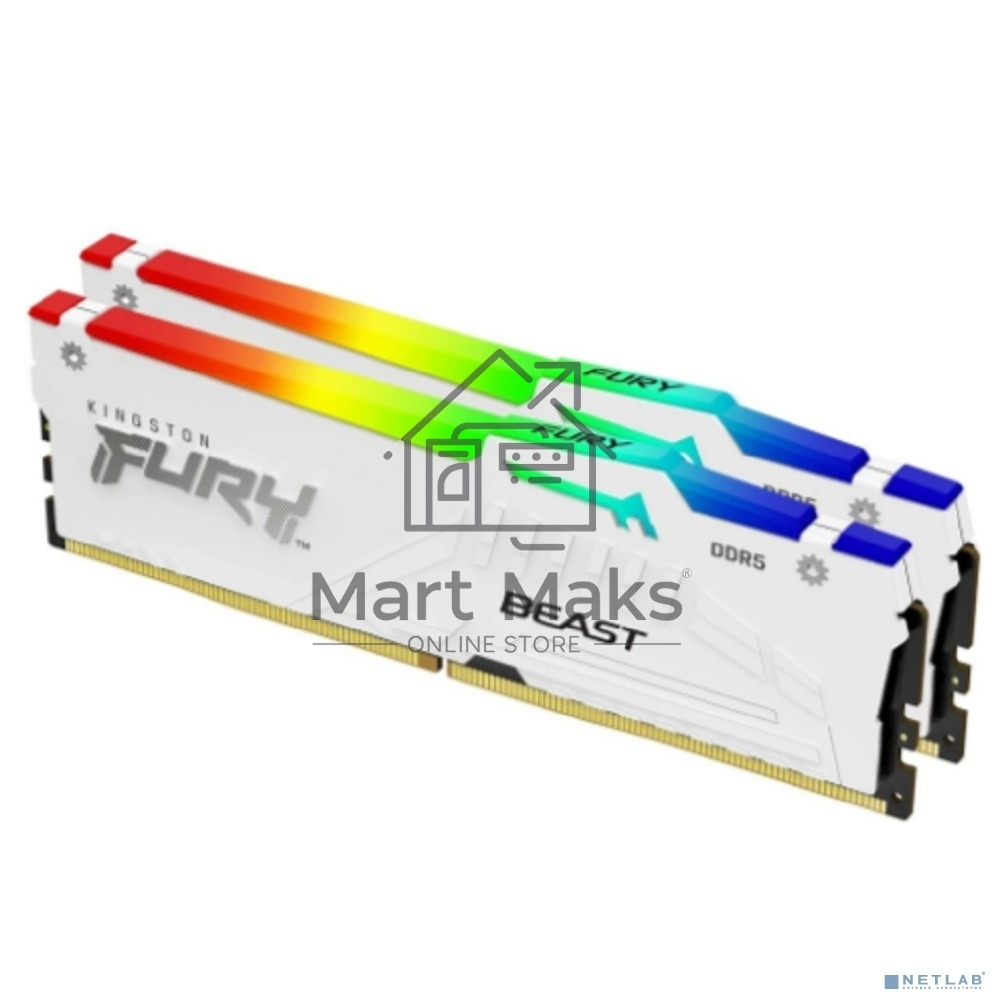 Оперативная память Kingston Fury Beast, DDR5, 64GB (2x32GB), 5600MHz, CL36, DIMM, радиатор, RGB, белый