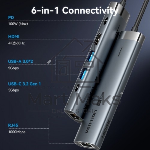 Мультифункциональный хаб Vention USB-C 6 в 1, шт.