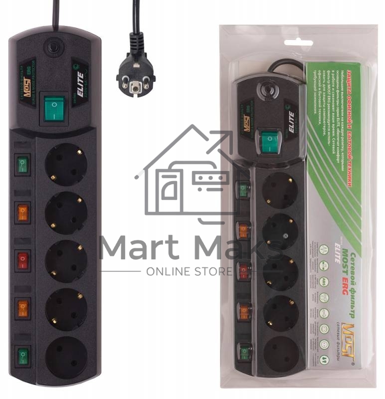 Сетевой фильтр MOST Сетевой фильтр ERG 5м (5 розеток), черный 633409