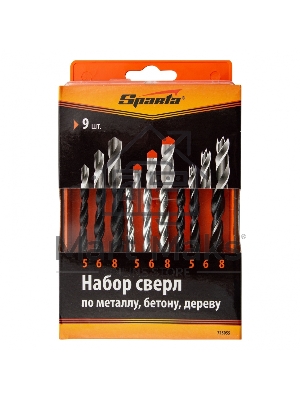 Набор сверл по бетону 5-6-8 мм, металлу 5-6-8 мм, дереву 5-6-8 мм, 9 шт. цилин. хвостовик Sparta