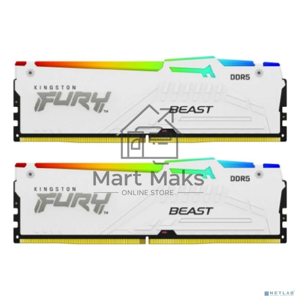 Оперативная память Kingston Fury Beast, DDR5, 32GB (2x16GB), 5600MHz, CL40, DIMM, с радиаторами, RGB, белый