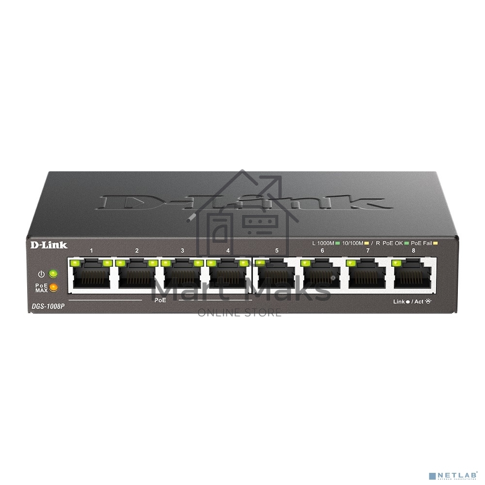 Неуправляемый коммутатор D-Link DGS-1008P/F3A с 8 портами 10/100/1000Base-T (4 порта PoE 802.3af/at, PoE-бюджет 60 Вт)