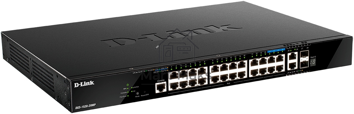 Управляемый L3 стекируемый коммутатор D-Link DGS-1520-28MP/A1A с 20 портами 10/100/1000Base-T, 4 портами 100/1000/2.5GBase-T, 2 портами 10GBase-T и 2 портами 10GBase-X SFP+