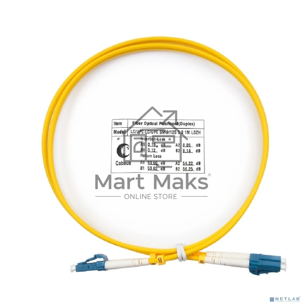 Комм. шнур оптический Cabeus Tight Buffer, Duplex LC/LC, OS2 9/125, LSZH, 1м, Ø 3мм, синий хвостовик, желтый