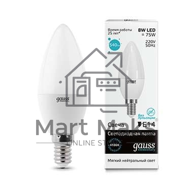 Лампа светодиодная LED 8Вт E14 220В 4100К Elementary свеча 33128 Gauss