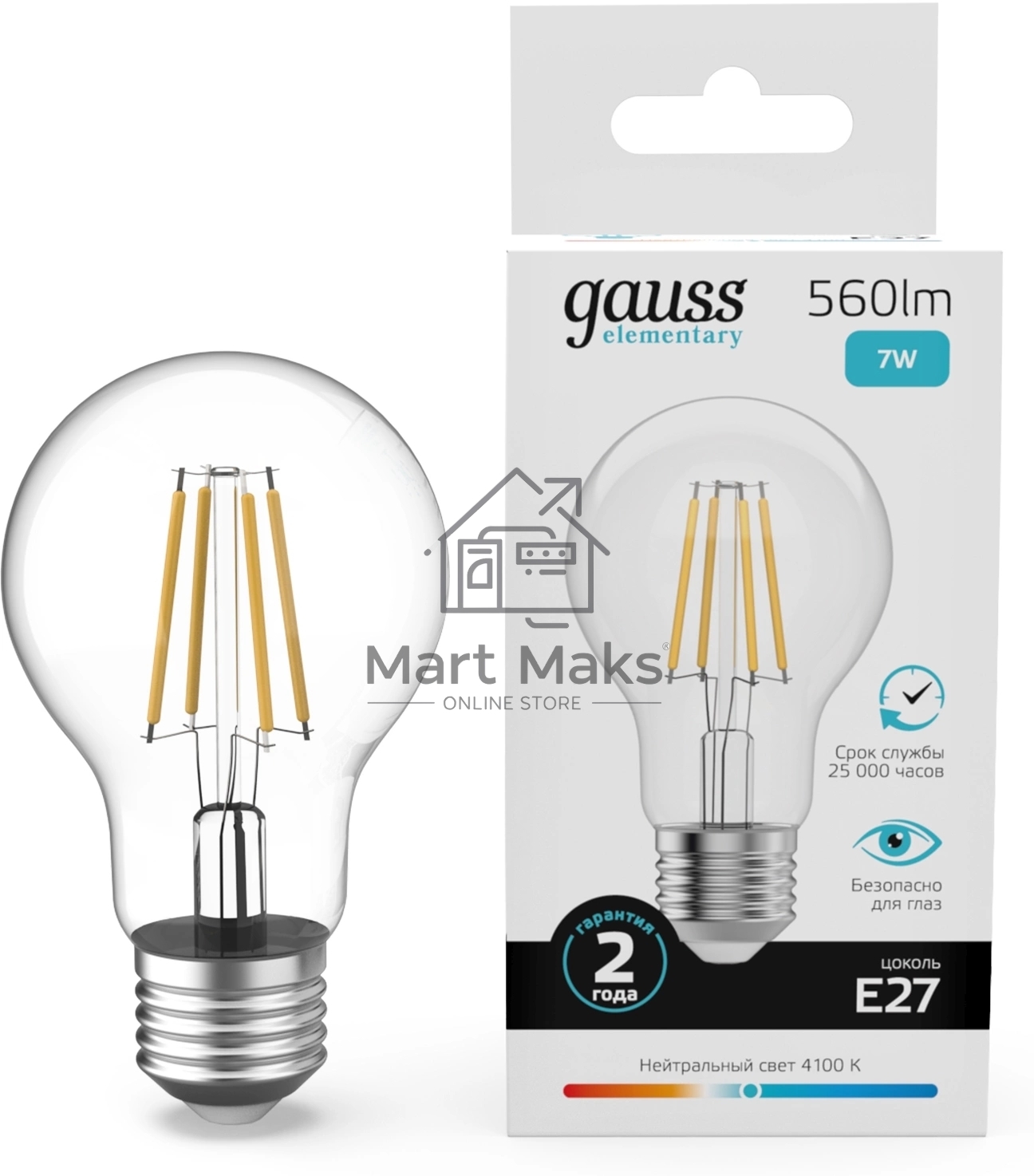 Лампа филам. Gauss Filament 7Вт цок.:E27 груша св.свеч.бел.нейт. (упак.:10шт) (22227)
