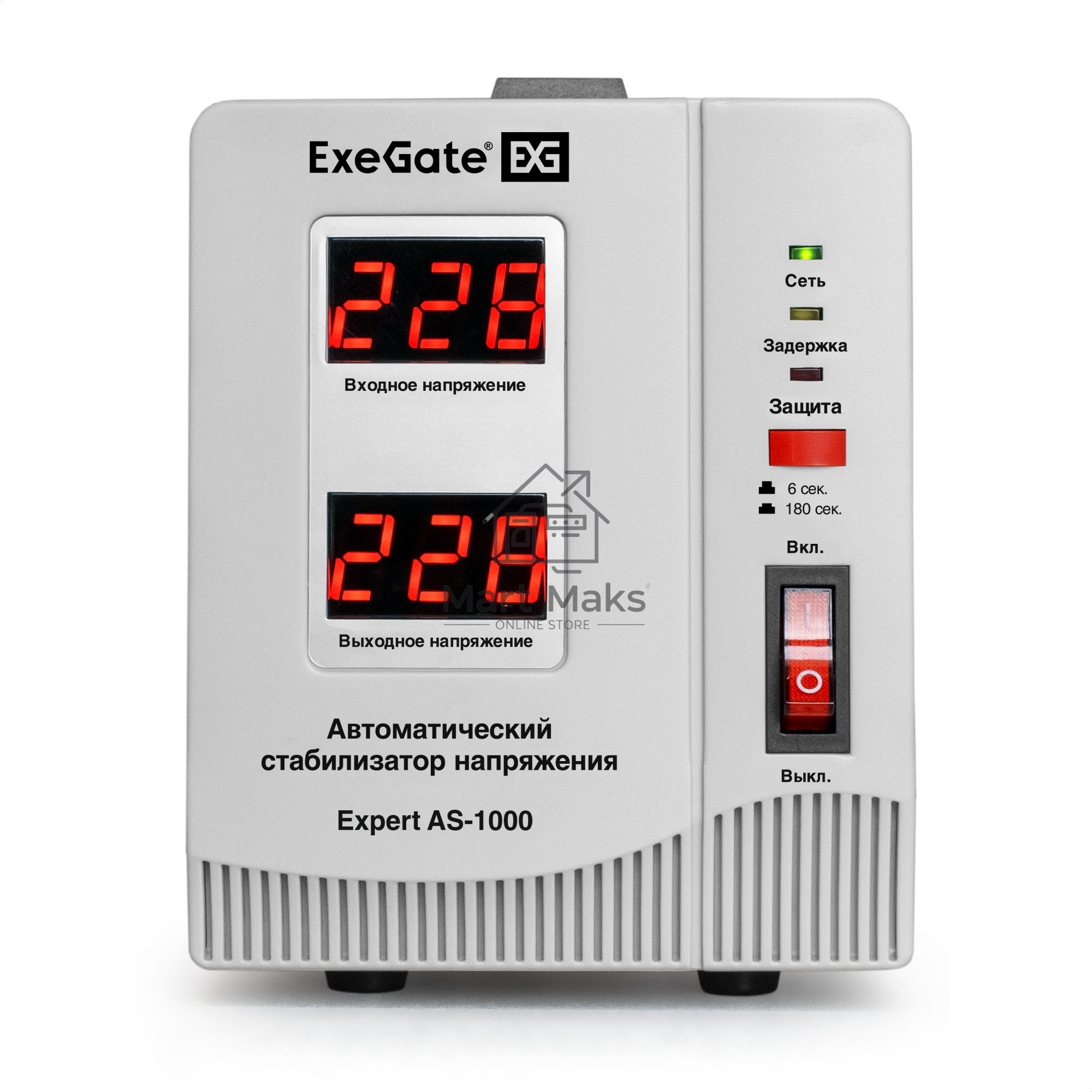 Стабилизатор напряжения ExeGate Expert AS-1000 (1000ВА, вход 140...260В, выход 220В±8%, КПД 98%, 5 уровней защиты, задержка, евророзетка, RTL)