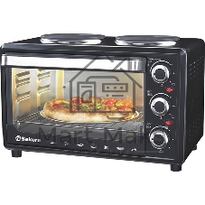 Мини-печь Sakura SA-7002HBK 48л, 3600Вт, духовка 2000Вт, конфорки 185мм+155мм (1000Вт+600Вт), механ.управление, 3 режима работы духовки (верх, низ, верх+низ), раздельная регулировка температуры духовки и конфорок, комплектация - металлическая решетка, противень и ухват. чёрны