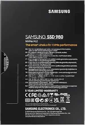 Накопитель SSD Samsung 980, 1000GB, PCIe 3.0 x4, M.2 2280, NVMe, R/W 3500/3000