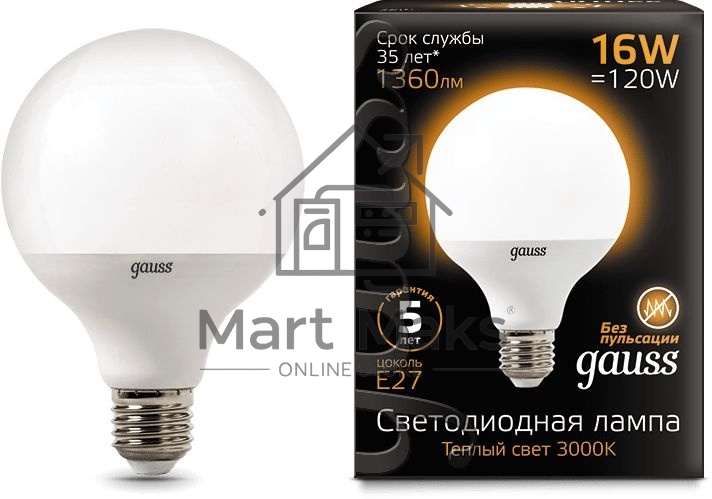 Светодиодная лампа GAUSS 105102116 LED G95 E27 16W 1360lm 3000K 1/32