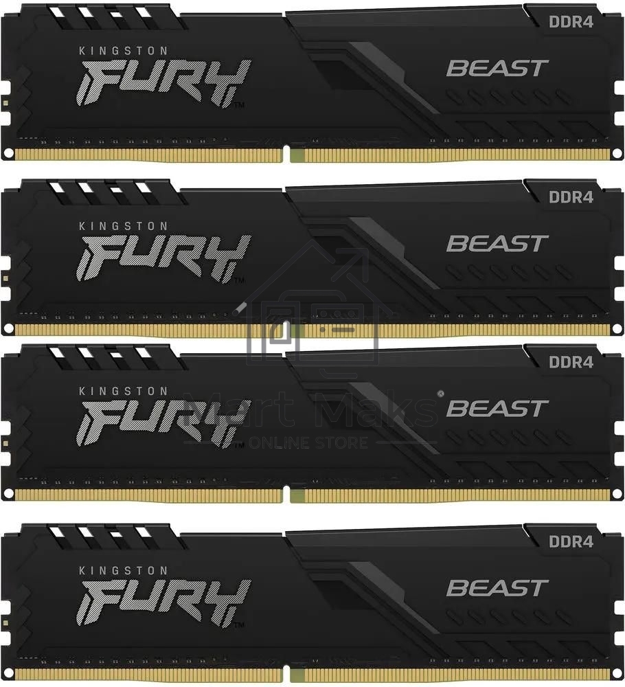 Оперативная память Kingston Fury Beast, DDR4, 64GB (4x16GB), 3200MHz, CL16, DIMM, с радиатором, черный