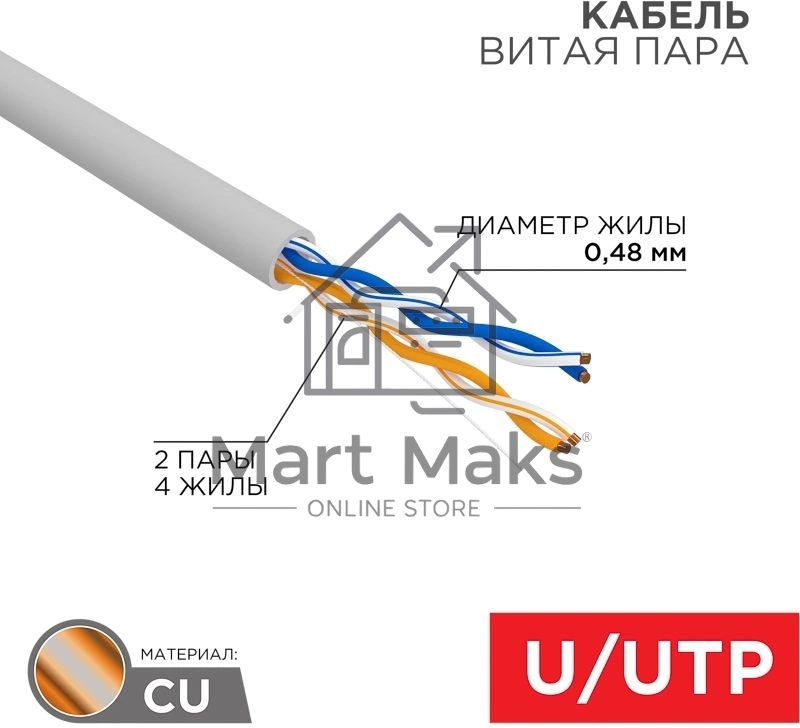 Кабель Proconnect (01-0027) Кабель UTP CAT5e 2 пары (305м) 0.51 мм