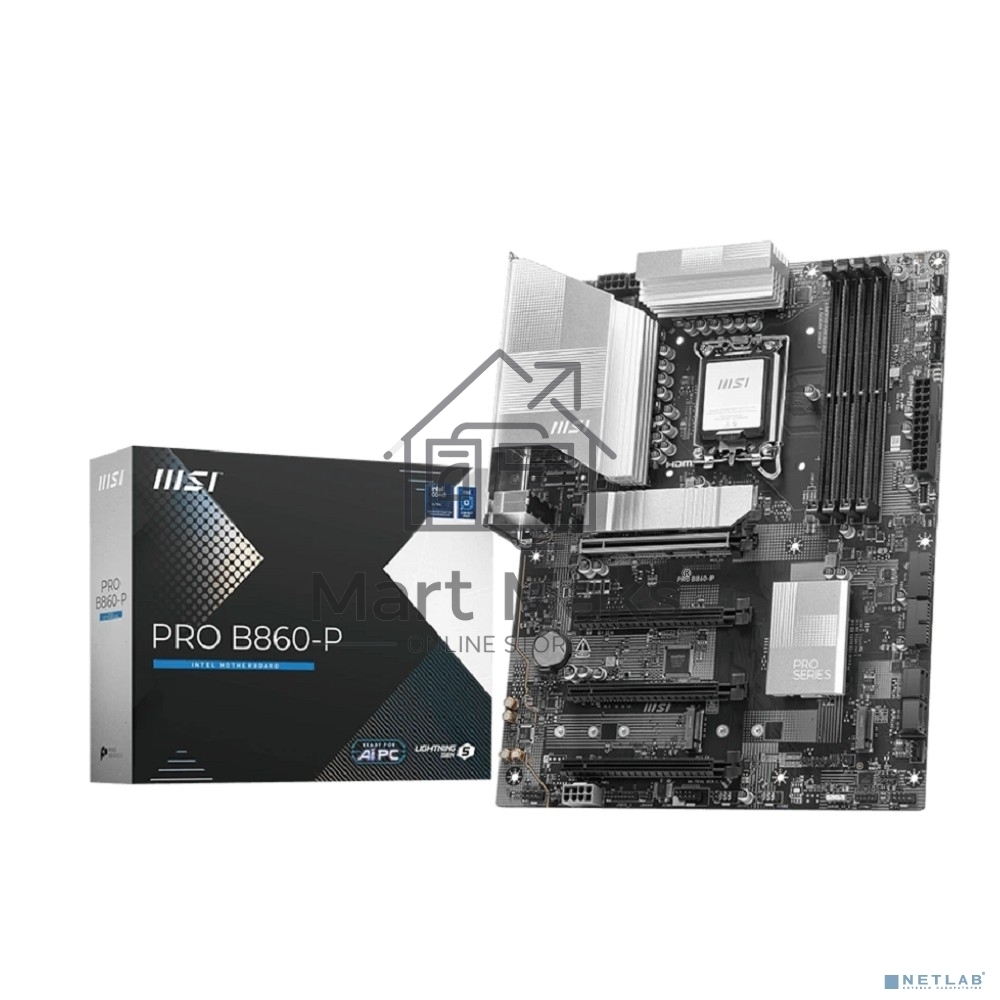 Материнская плата MSI PRO B860-P, LGA 1851, Intel B860, 4xDDR5, 4xSATA, 3xM.2, 1xPCIe 5.0 x16, 1xPCIe 4.0 x4, 2xPCIe 4.0 x1, 1xHDMI, 1xDP, 1xUSB-C, 1x 5Gb LAN, 2xUSB-A 3.2 Gen 2, 2xUSB-A 3.2 Gen 1, 4xUSB-A 2.0, 3x3.5 мм, 7.1, ATX