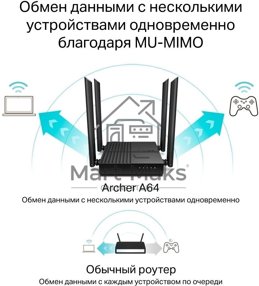Роутер TP-Link Archer A64 AC1300 Wi-Fi роутер с MU-MIMO. RouterSPEED: 400 Mbps at 2.4GHz + 867Mbps at 5GHz SPEC: 4×Antennas, 1×Gigabit WAN Port + 4×Gigabit LAN Ports FEATURE: Tether App, WPA3, Access Point Mode, IPv6 Supported, IPTV, Beamforming, Smart Co
