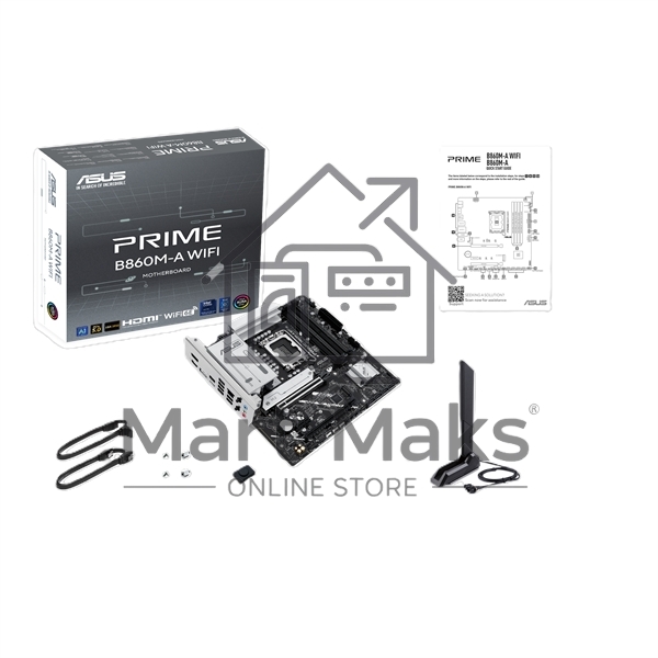 Материнская плата ASUS PRIME B860M-A WIFI, LGA 1851, Intel B860, 4xDDR5, 4xSATA, 2xM.2, 1xPCIe 5.0 x16, 1xPCIe 4.0 x16, 1xPCIe 4.0 x1, 2xDP, 1xHDMI, 1x 2.5Gb LAN, 1xUSB-C 20Gbps, 1xUSB-A 10Gbps, 2xUSB-A 5Gbps, 4xUSB-A 2.0, 3x3.5 мм, 7.1, micro-ATX.