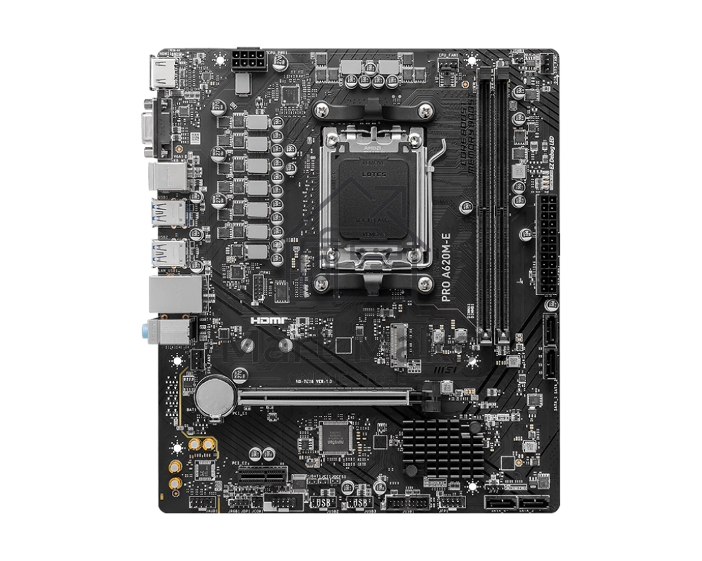 Материнская плата MSI PRO A620M-E, AM5, AMD A620, 2xDDR5, 4xSATA, 1xM.2, 1xPCI-E 4.0 x16, 1xPCI-E 4.0 x1, 1xHDMI, 1xVGA, 1x1Gb LAN, 2xUSB 2.0, 4xUSB 3.2 Gen 1, 3x3.5 мм, 7.1, Micro-ATX