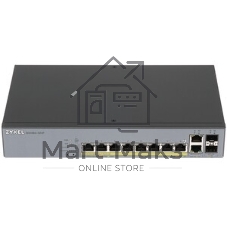 Коммутатор Zyxel GS1350-12HP, 10xGE (8xPoE+), 2xSFP, бюджет PoE 130 Вт, дальность передачи питания до 250 м, автоперезагрузка PoE-портов, повышенная защита от перенапряжений и электростатических разрядов