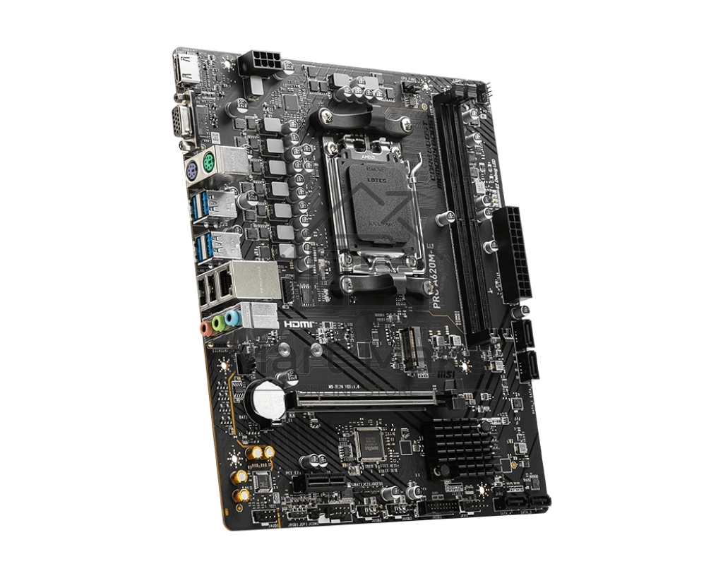 Материнская плата MSI PRO A620M-E, AM5, AMD A620, 2xDDR5, 4xSATA, 1xM.2, 1xPCI-E 4.0 x16, 1xPCI-E 4.0 x1, 1xHDMI, 1xVGA, 1x1Gb LAN, 2xUSB 2.0, 4xUSB 3.2 Gen 1, 3x3.5 мм, 7.1, Micro-ATX