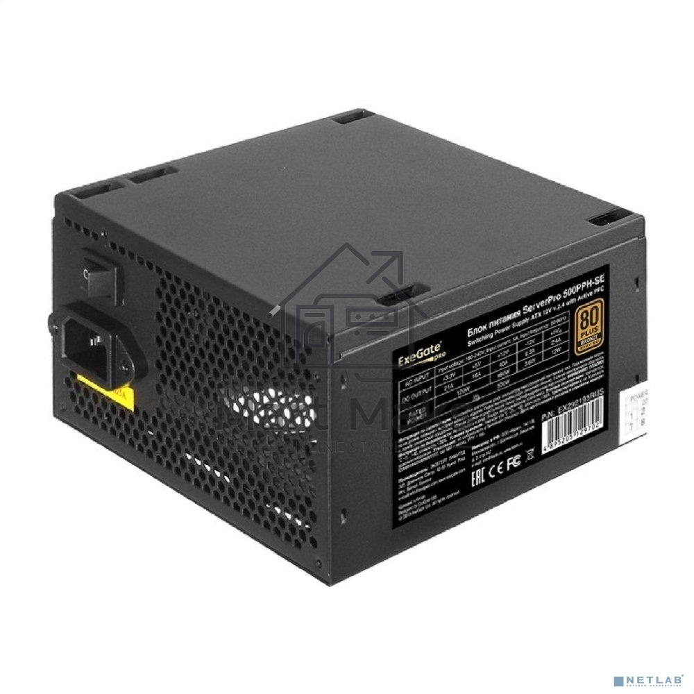 Серверный блок питания500W ExeGate ServerPRO 80 PLUS Bronze, 500PPH-SE (ATX, for 3U+ cases, APFC, КПД 89% (80 PLUS Bronze), 12cm fan, 24p, (4+4)p, PCIe, 5SATA, 3IDE, black)