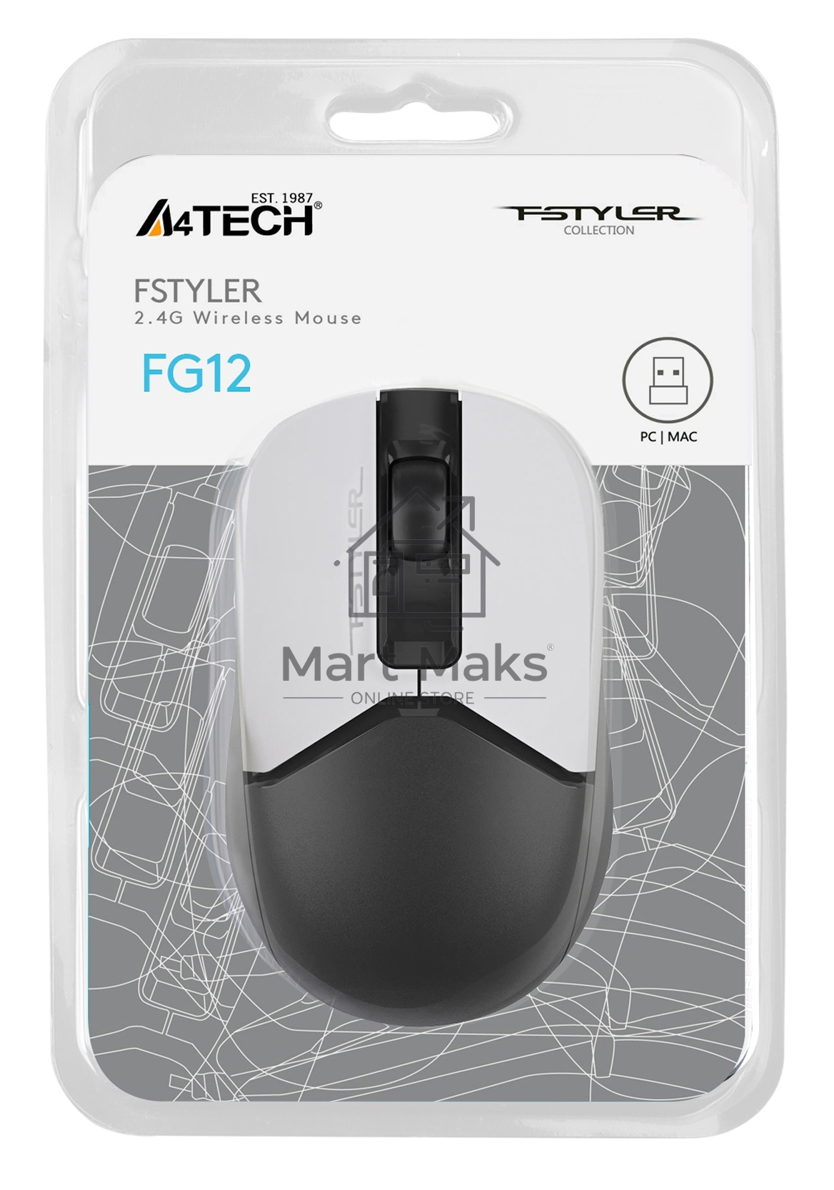 Мышь беспроводная A4Tech Fstyler FG12 белый/черный, 1200 dpi, радиоканал, USB, кнопки - 3