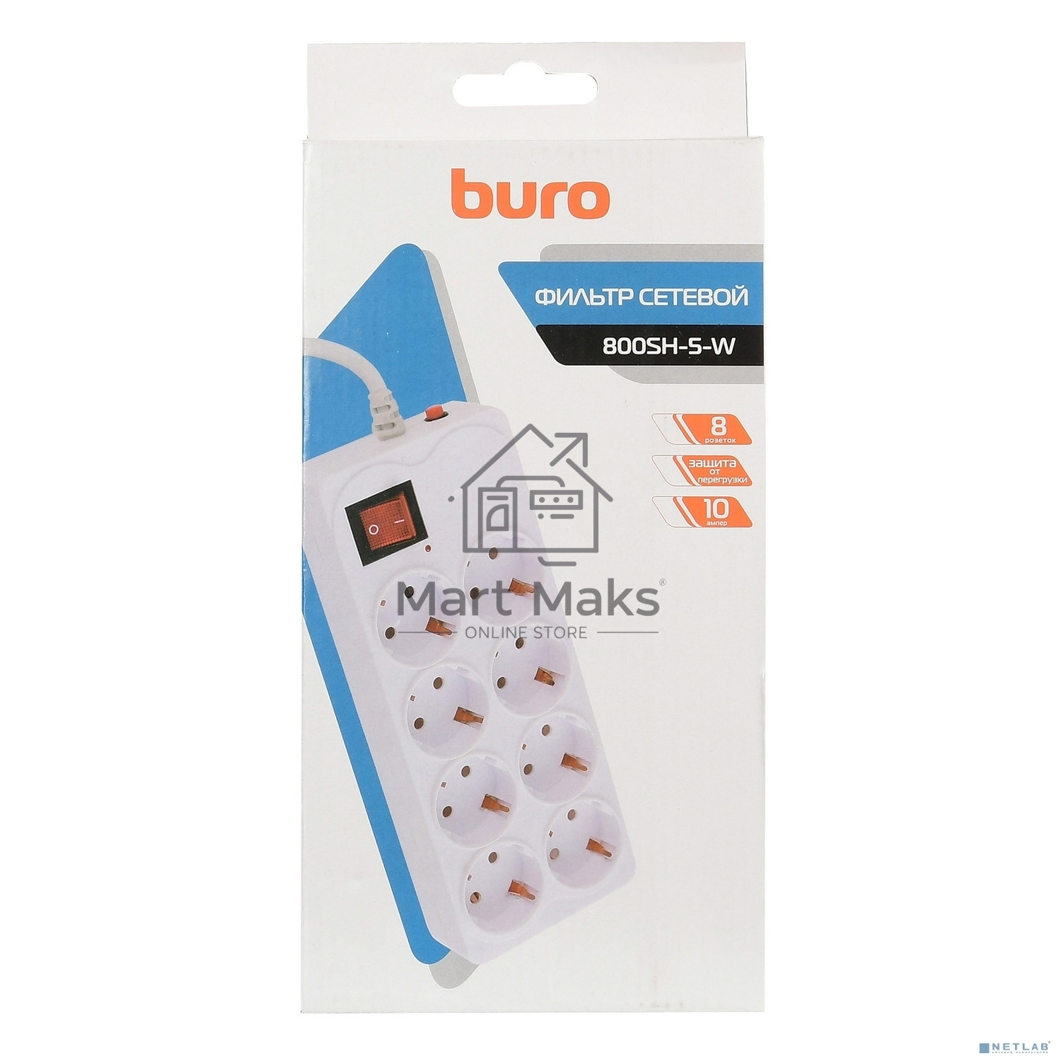 Сетевой фильтр Buro 800SH-5-W 5м (8 розеток) белый (коробка)