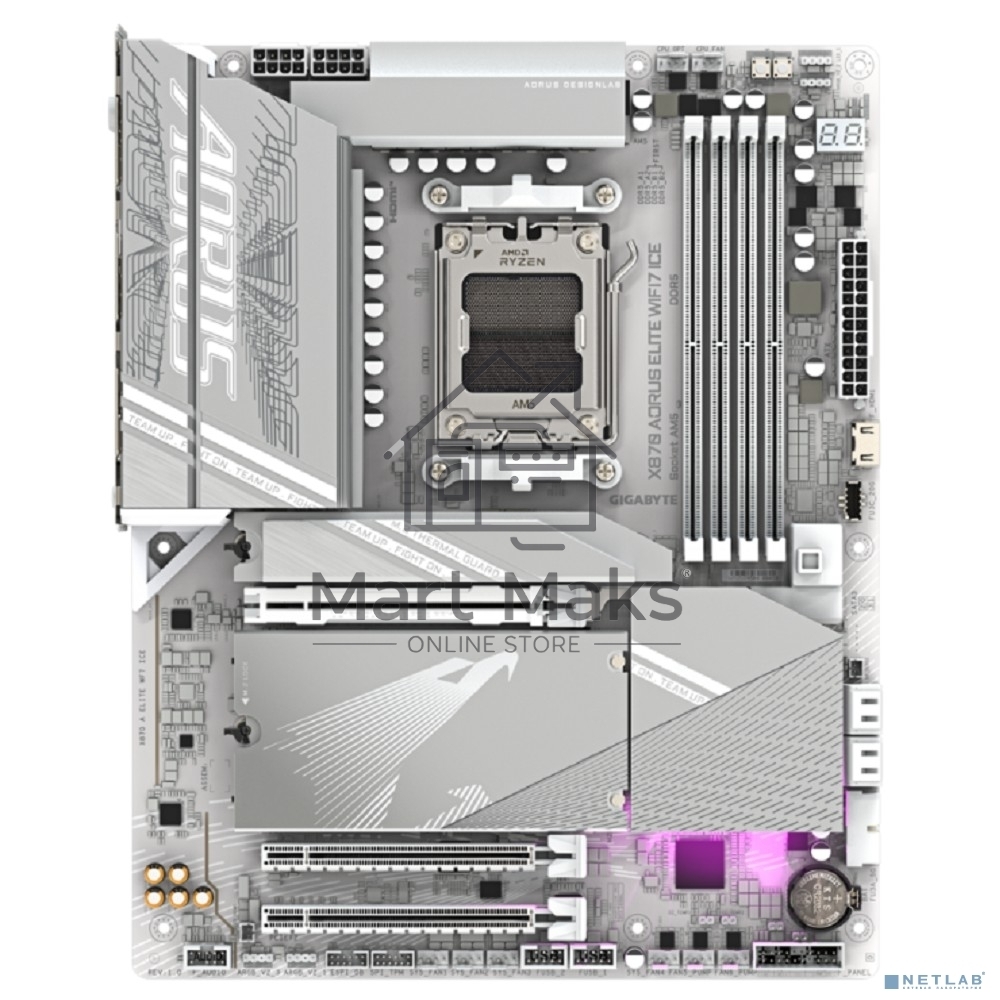 Материнская плата Gigabyte X870 AORUS ELITE WIFI7 ICE, AM5, AMD X870, 4xDDR5, 4xSATA, 4xM.2, 1xPCI-E 5.0 x16, 1xPCI-E 4.0 x4, 1xPCI-E 3.0 x2, 1xHDMI, 1x 2.5Gb LAN, 2xUSB-C 4.0, 2xUSB 3.2 Gen 2, 4xUSB 3.2 Gen 1, 4xUSB 2.0, 2x3.5 мм, 7.1, ATX