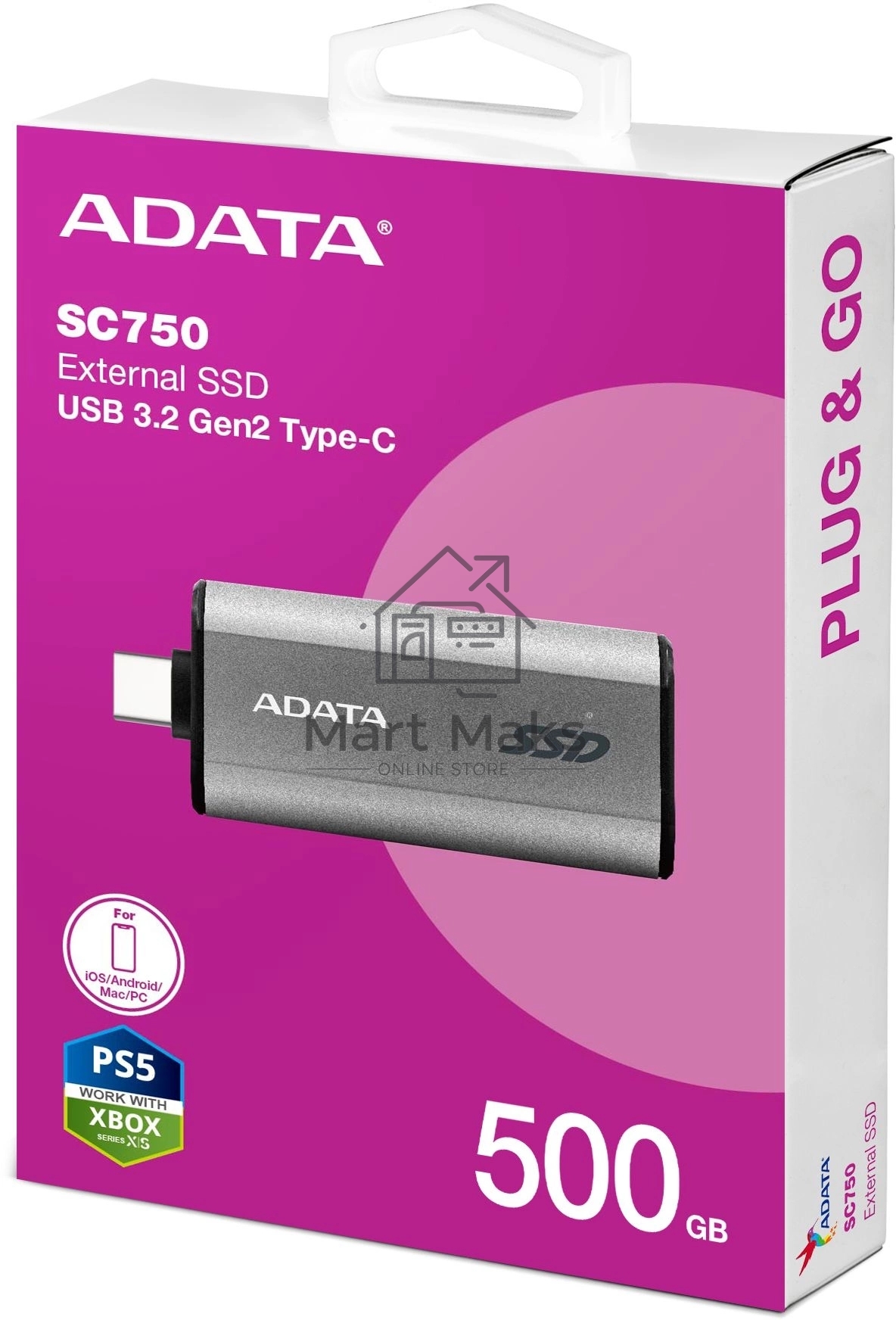 Твердотельный диск A-DATA External SC750 серый SC750-500G-CCBK 500GB USB 3.2 Gen 2 Type-C, R/W -1050/1000 MB/s