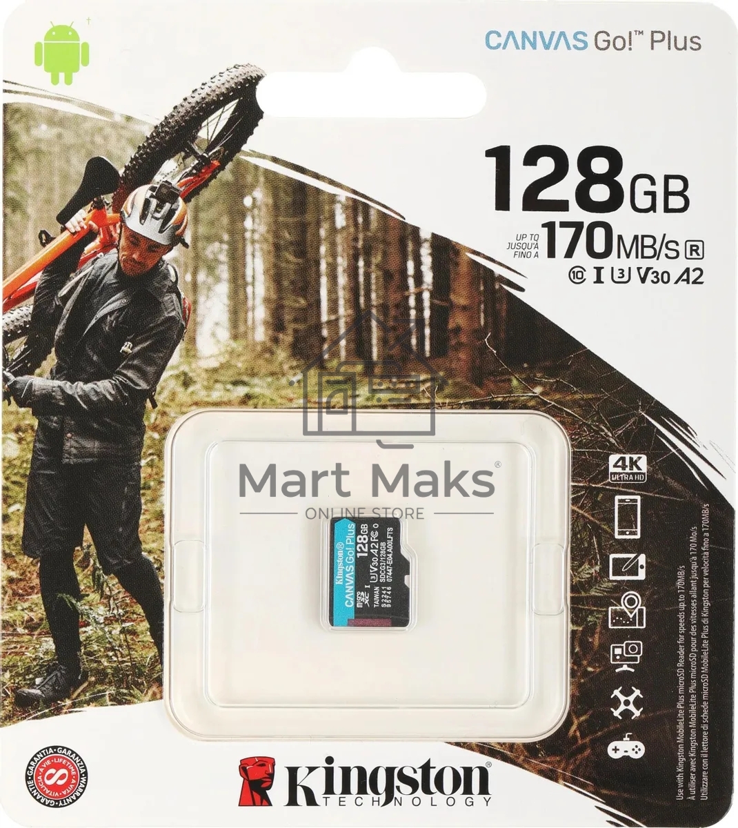 Флеш карта Kingston 128GB microSDXC Canvas Go Plus 170R A2 U3 V30 Single Pack w/o ADP EAN: 740617301243