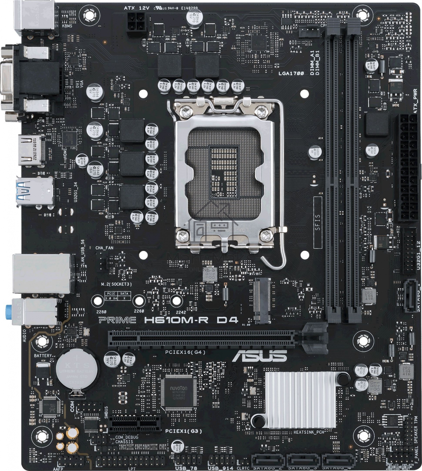 Материнская плата ASUS PRIME H610M-R D4-SI, LGA 1700, Intel H610, 2xDDR4, 4xSATA, 1xM.2 PCIe 3.0 x4, 1xPCIe 4.0 x16, 1xPCIe x1, 1xHDMI, 1xDVI, 1xVGA, 2xUSB-A 2.0, 2xUSB-A 3.2 Gen 1, 1x 1Gb LAN, 3x3.5 мм, 7.1, mATX