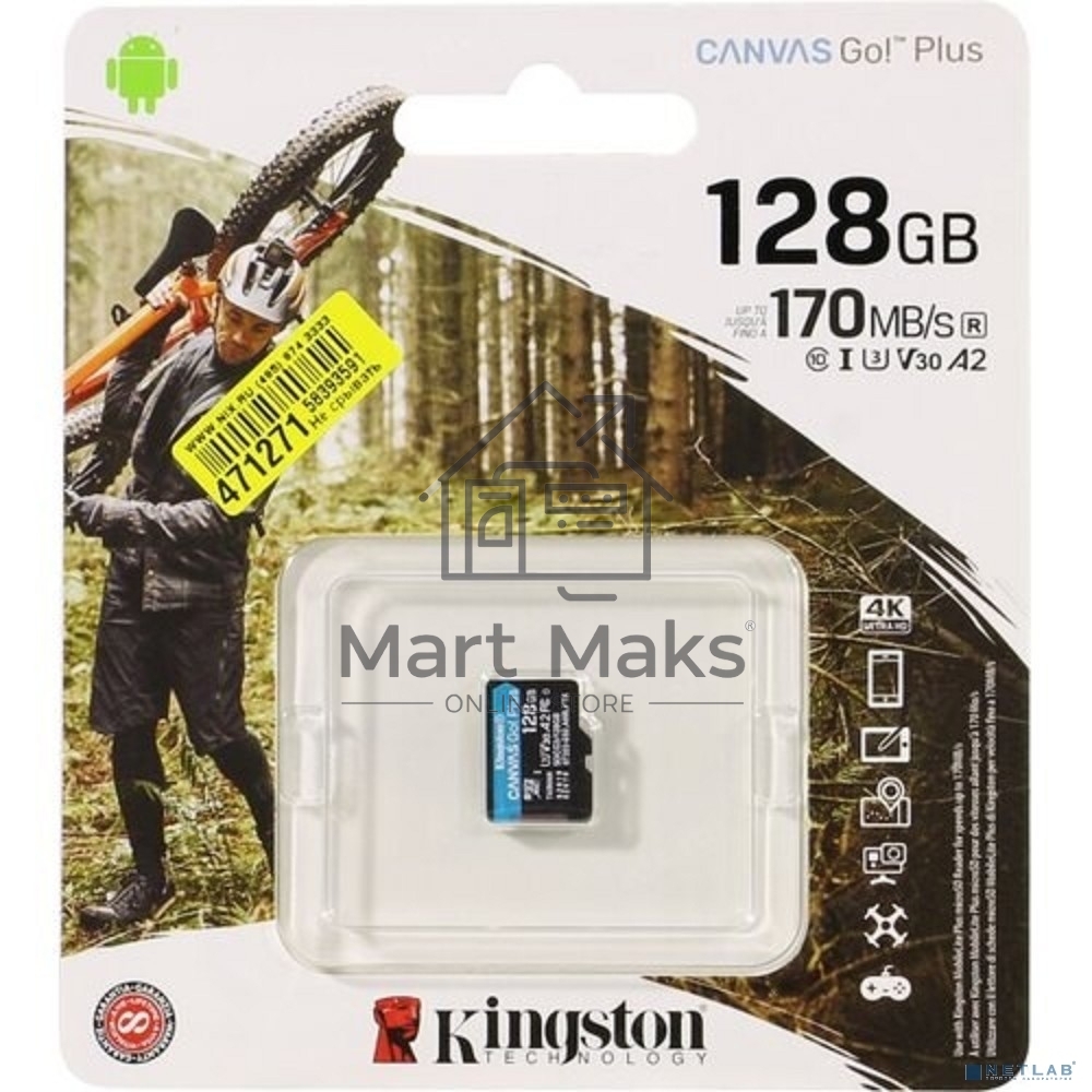 Флеш карта Kingston 128GB microSDXC Canvas Go Plus 170R A2 U3 V30 Single Pack w/o ADP EAN: 740617301243
