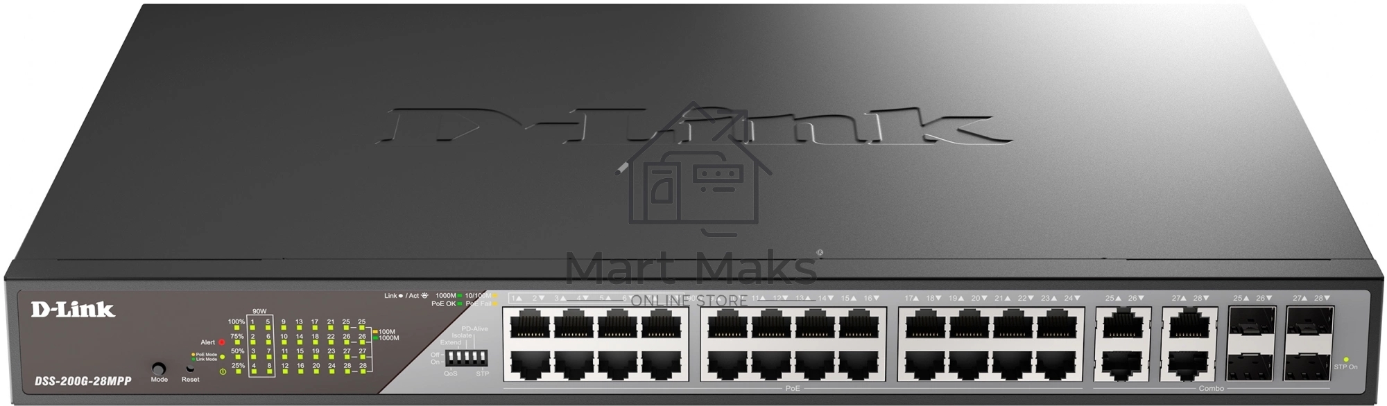 Сетевой коммутатор Smart L2 Surveillance Switch 24х1000Base-T PoE (8 PoE ports 802.3bt 90W), 4xCombo 1000Base-T PoE/SFP, PoE Budget 518W, Long-range PoE up to 250m