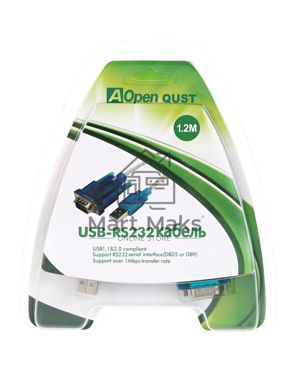 Кабель AM/Com port 9pin 1.2м Aopen/Qust адаптер USB -> RS232, DE9P (добавляет в систему новый COM порт), ACU804