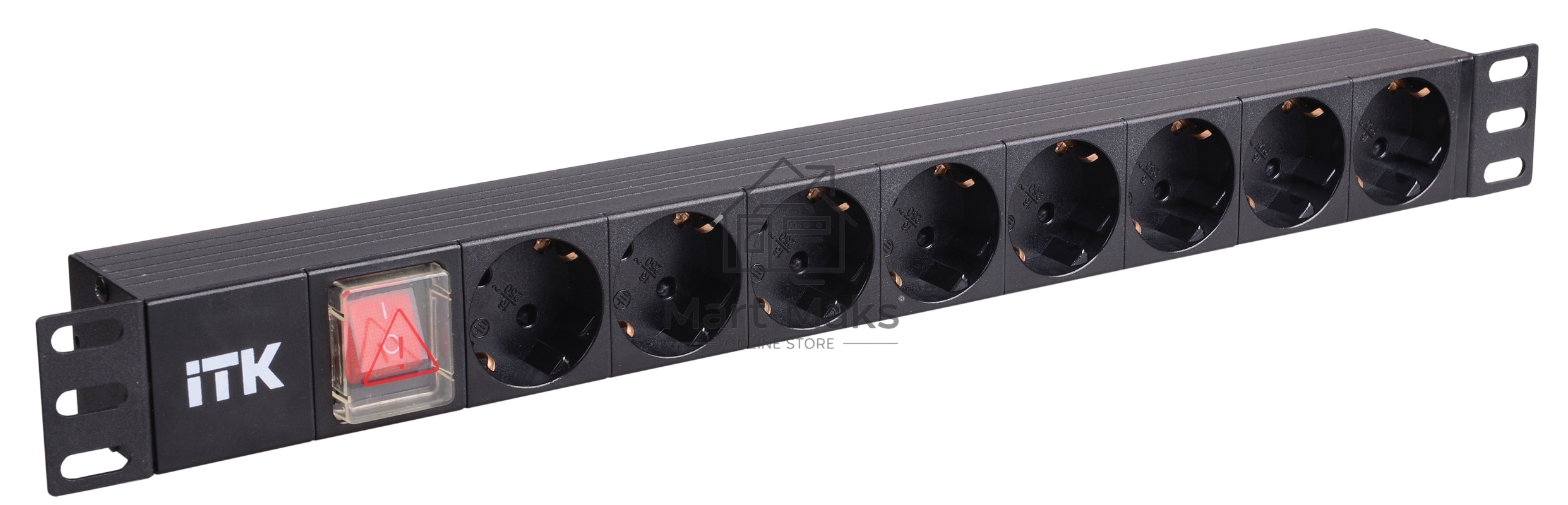 Блок PDU 8 розеток нем. стандарт, с LED выключателем,1U, без шнура, вх. C14, алюминиевый профиль