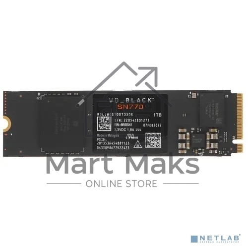 Накопитель WD SSD Black SN770 NVMe, 1.0TB, M.2(22x80mm), NVMe, PCIe 4.0 x4, 3D TLC, R/W 5150/4900MB/s, IOPs 740 000/800 000, TBW 600, DWPD 0.3 (12 мес.)