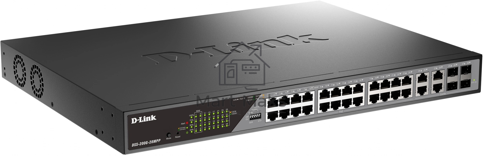 Сетевой коммутатор Smart L2 Surveillance Switch 24х1000Base-T PoE (8 PoE ports 802.3bt 90W), 4xCombo 1000Base-T PoE/SFP, PoE Budget 518W, Long-range PoE up to 250m