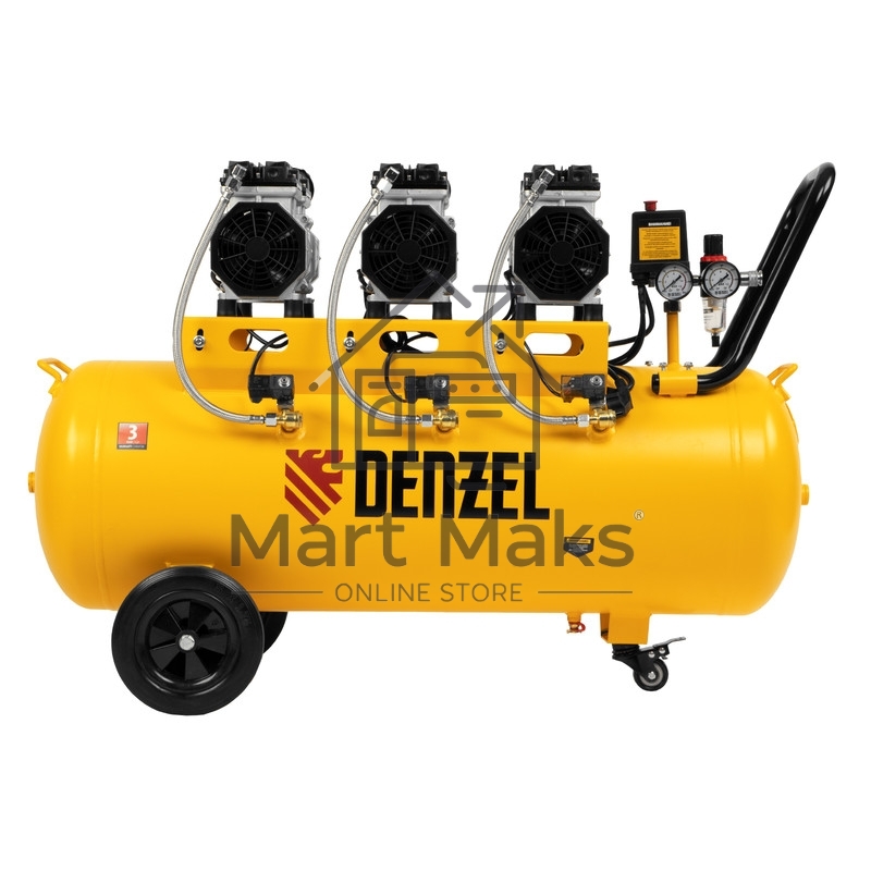 Компрессор безмаслянный малошумный DLS 1800/100,1800 Вт, 3х600, 100 л, 345 л/мин Denzel