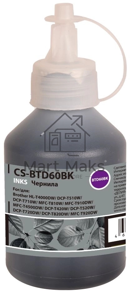 Чернила Cactus CS-BTD60BK черный 108мл для Brother HL-T4000DW, DCP-T510W, DCP-T710W, MFC-T810W, MFC-T910DW, MFC-T4500DW, DCP-T420W, DCP-T520W, DCP-T720DW, DCP-T820DW, MFC-T920DW