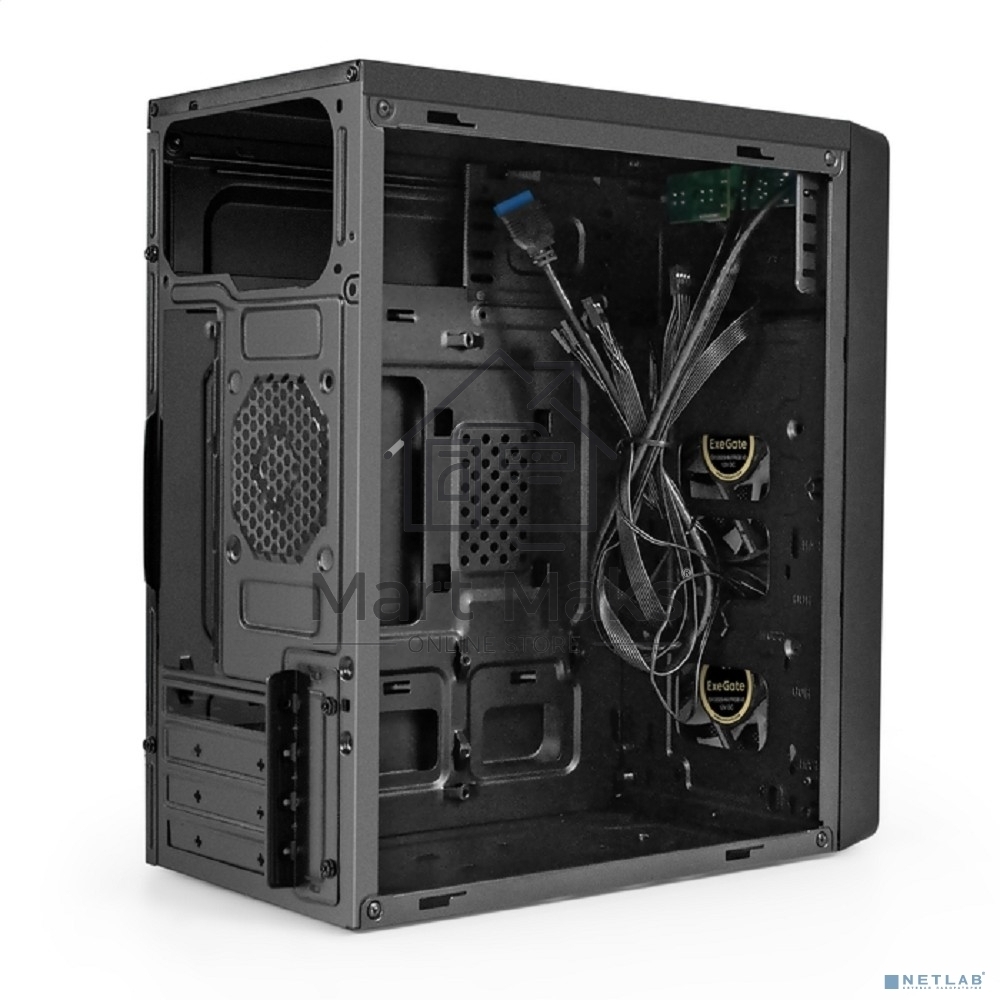 Компьютерный корпус Minitower ExeGate mEVO-7803 (mATX, без БП, 2*USB+1*USB3.0, HD аудио, черный, 2 вент. 12см с RGB подсветкой)