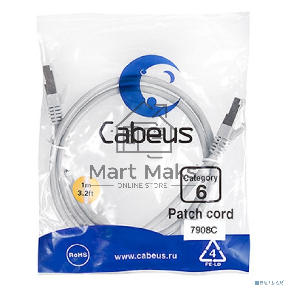 Шнур коммутационный Cabeus, cat.6, экр., F/UTP, RJ45/RJ45, LSZH, AWG24, 1м, серый