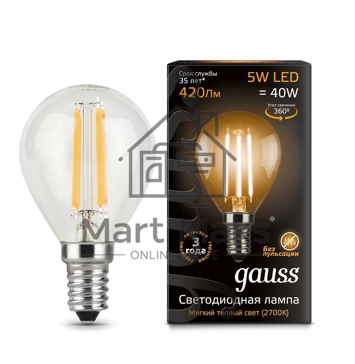 Лампа светодиодная GAUSS 105801105 LED Filament globe Е14 5Вт 2700k 1/10/50
