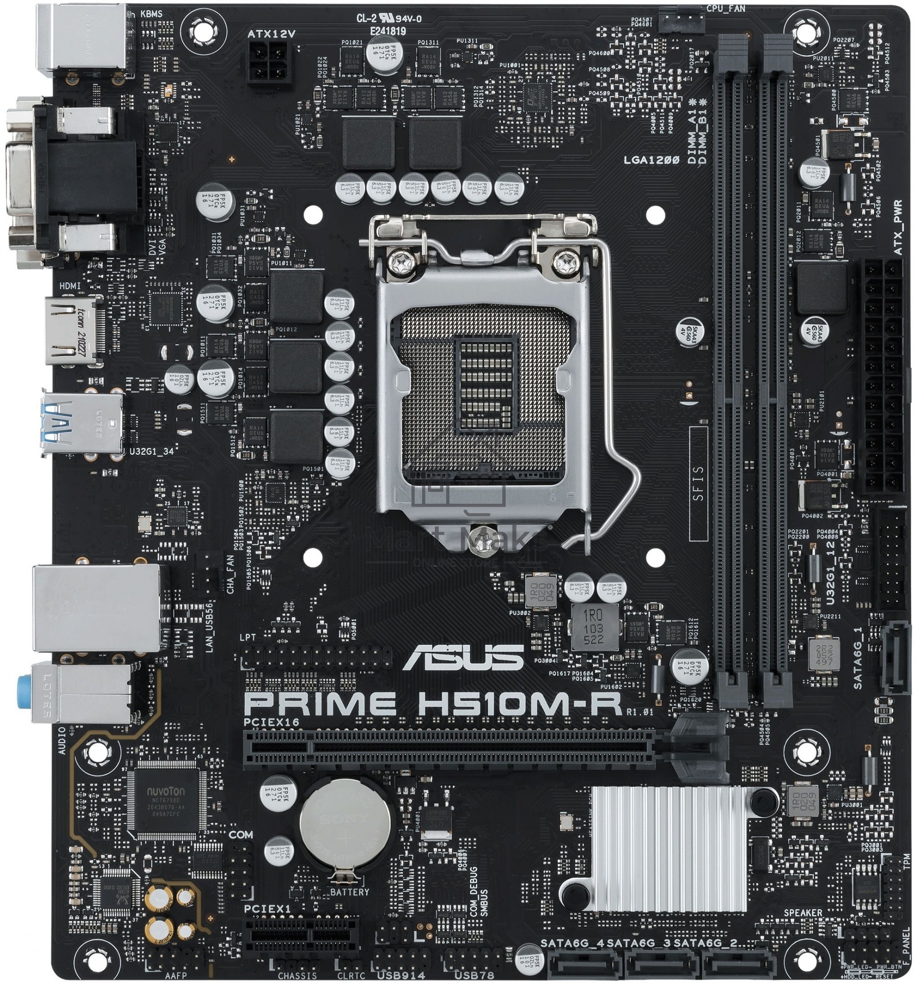 Материнская плата ASUS PRIME H510M-R-SI, LGA1200, Intel H510, 2xDDR4, 4xSATA, 1xPCIe 4.0 x16, 1xPCIe x1, 1xDVI-D, 1xHDMI, 1xVGA, 1x1Gb LAN, 2xUSB-A 5Gbps, 2xUSB-A, 3x3.5 мм, 7.1, PS/2, COM, LPT, mATX