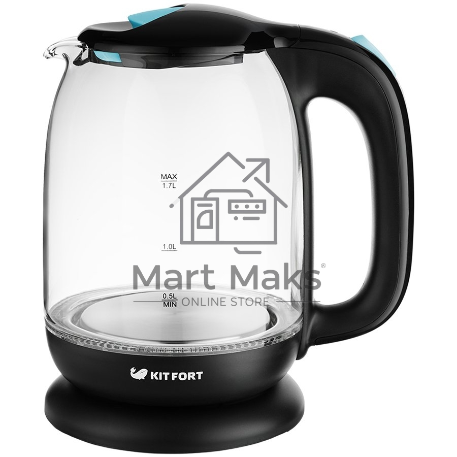 Чайник электрический Kitfort КТ-625-1 1.7л. 2200Вт черный/голубой (корпус: стекло)