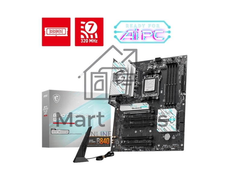 Материнская плата MSI B840 GAMING PLUS, Socket AM5, AMD B840, 4xDDR5, 4xSATA, 2xM.2, 1xPCI-E 4.0 x16, 1xPCI-E 3.0 x4, 3xPCI-E 3.0 x1, 1xHDMI, 1x 2.5Gb LAN, 4xUSB-A 2.0, 2xUSB-A 5Gbps, 1xUSB-C 5Gbps, 1xUSB-A 10Gbps, 1xUSB-C 10Gbps, 3x3.5 мм, 7.1, ATX