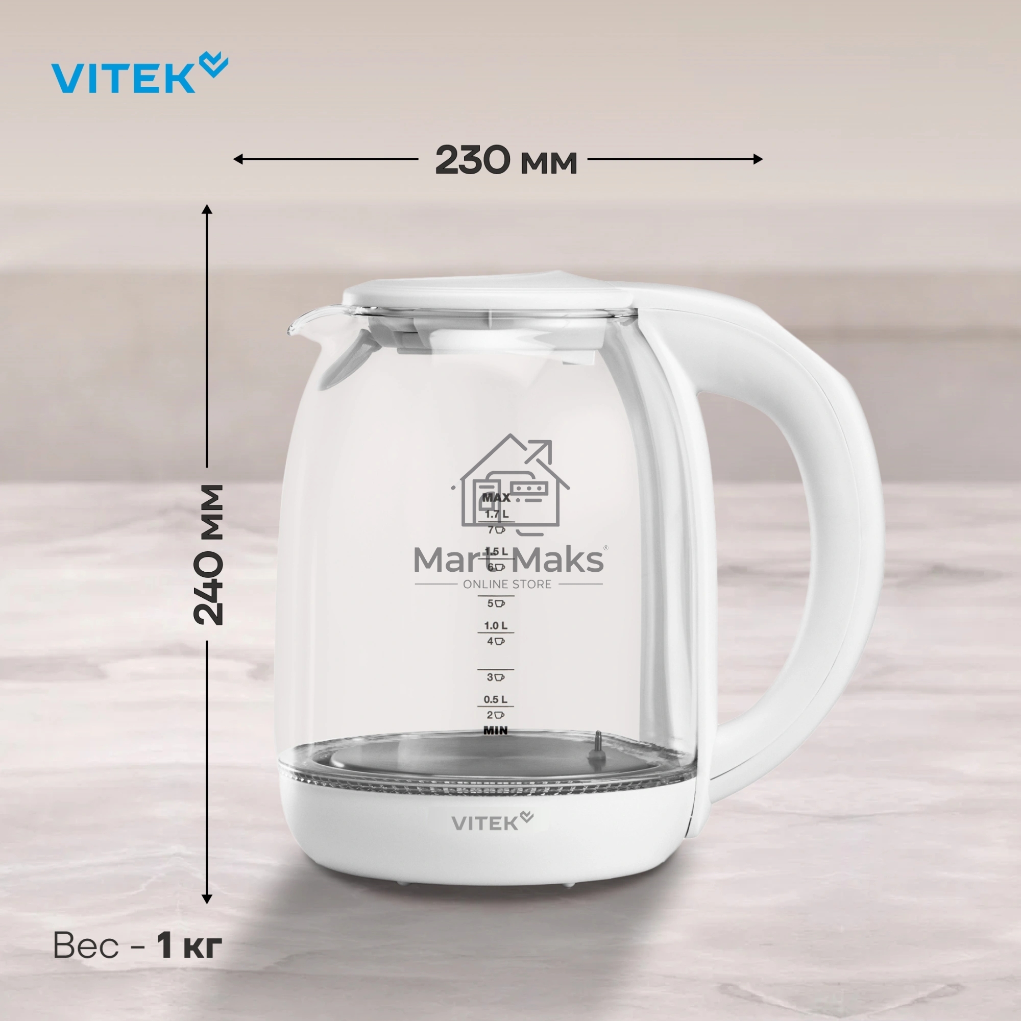 Чайник электрический Vitek VT-WK1045 1.7л. 2200Вт белый корпус: стекло
