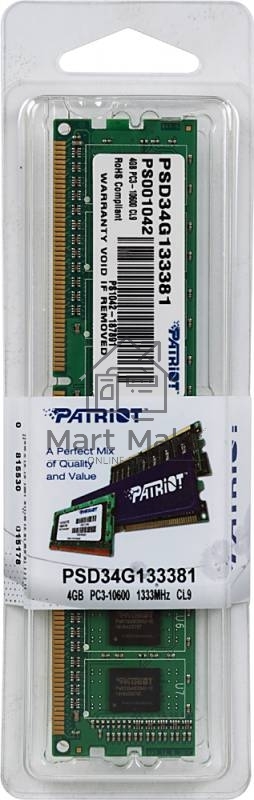 Оперативная память Patriot, DDR3, 4GB (1x4 GB), 1333 MHz, CL9, DIMM